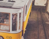 Travel Photography, European Photography, Yellow Tram, Funicular, Vintage Style Tram, Lisbon Print - Up the Hill