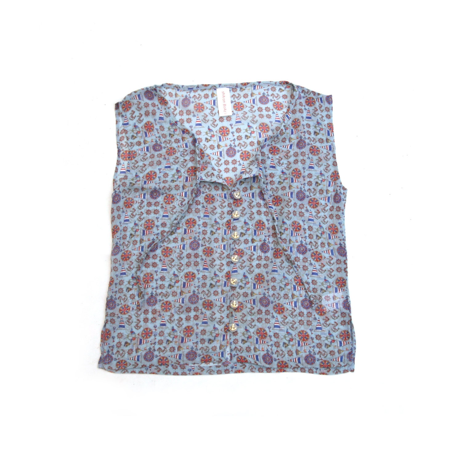 Summer top, Buttoned down sleevless chiffon blouse with a Bow, Printed chiffon top