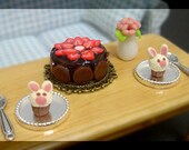 1:12 scale Dollhouse Miniature Handmade High Tea Set - Bunny Cupcakes, Strawberry Chocolate Cake, Flower, Pastry