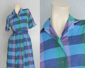 30% OFF. 1950's. blue plaid. turquoise. shirtwaist dress. vintage dress. Sz m/l.