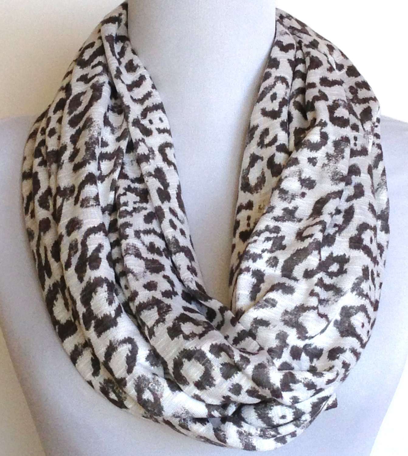 Infinity Scarf in White and Gray Leopard Jersey, Loop Scarf, Eternity Scarf, Circle Scarf, Tube Scarf