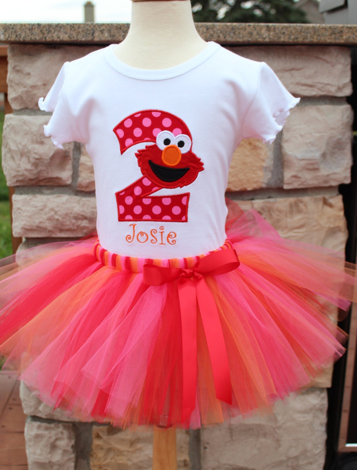 Elmo Block Number Birthday Tutu Outfit - Orange, Red, Pink