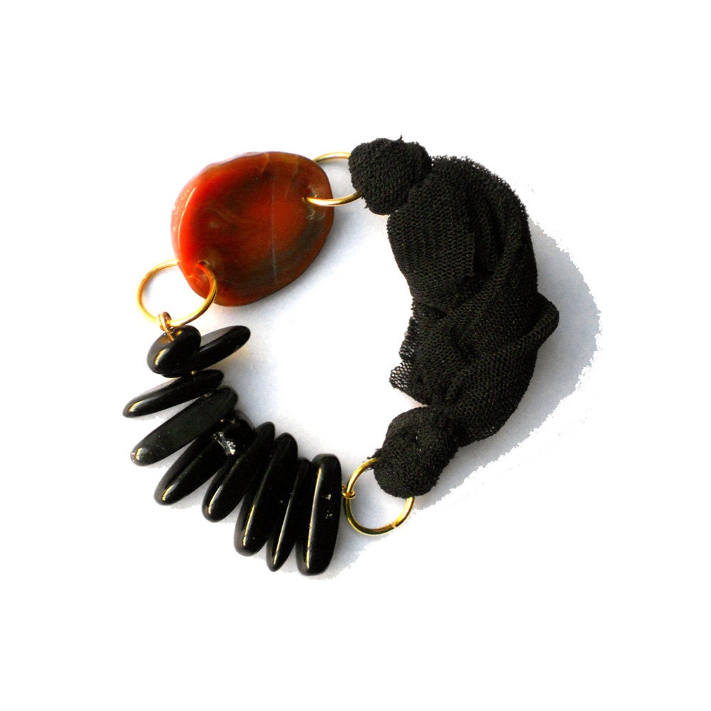 Black and brown fabric bracelet one of a kind - Agate collection