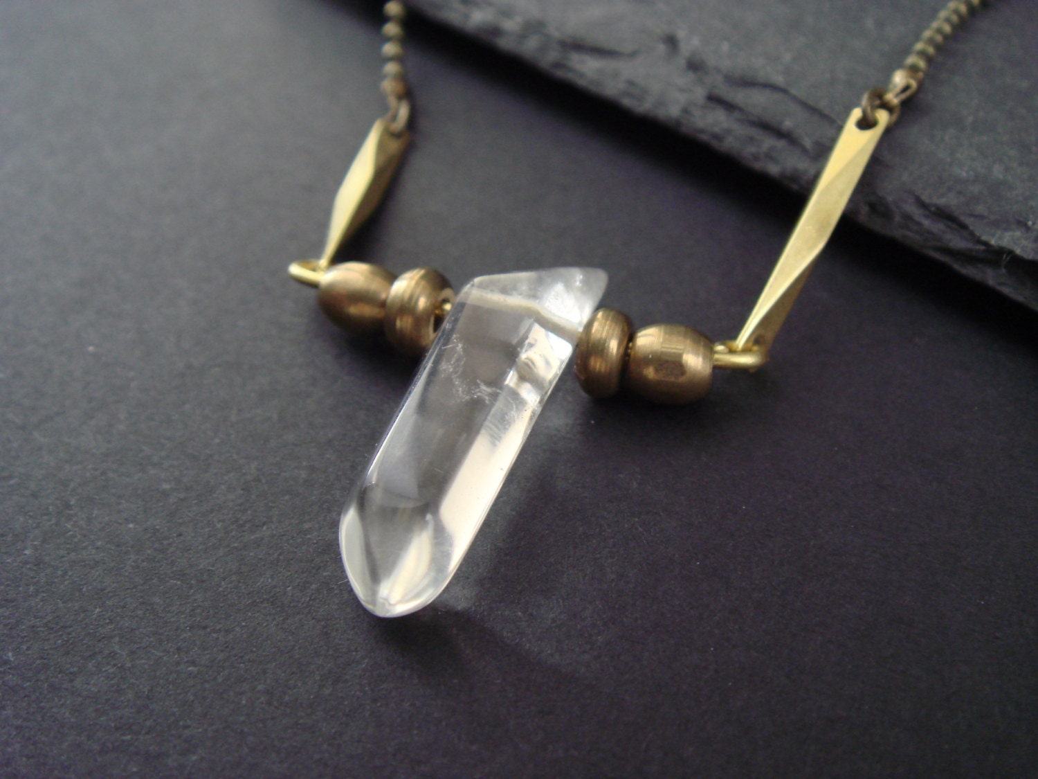 Crystal Quartz Spear Necklace with Raw Brass and Delicate Chain, Natural Jewelry, Simple Layering Piece, Minimal Style