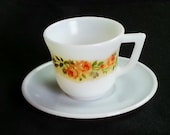 Vintage Hazel Atlas Demitasse Cup Saucer Set, Souvenir of Beverly, MA, Original Decals, Milk Glass -- 0405