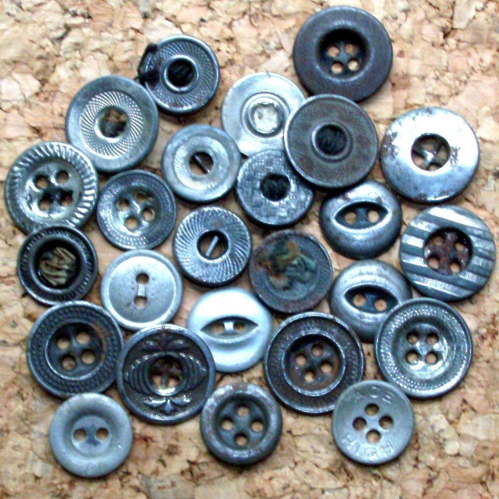Antique Metal Trouser Buttons, Work Button Lot x 25, Silver Tone -- 0526