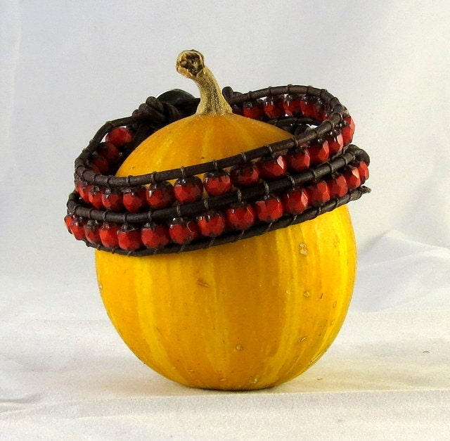 Double Leather Wrap Bracelet with Tomato Red Glass Beads