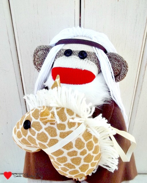 Sock Monkey Doll, Noah, Noah's Ark, Biblical Doll with Giraffe Print Stick Horse