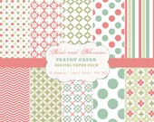 Peachy Green Digital Scrapbook Paper Pack for Personal or Commercial Use