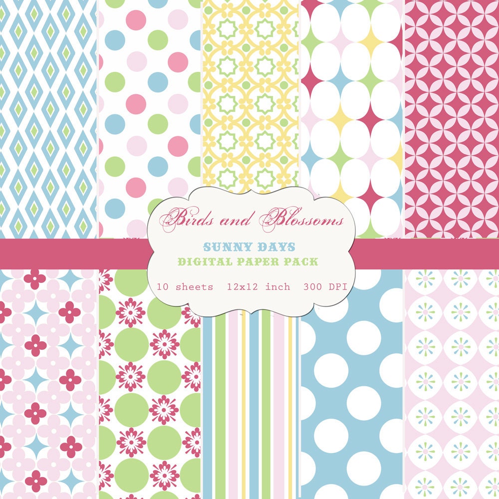 Sunny Days Digital Scrapbook Paper Pack for Personal or Commercial Use