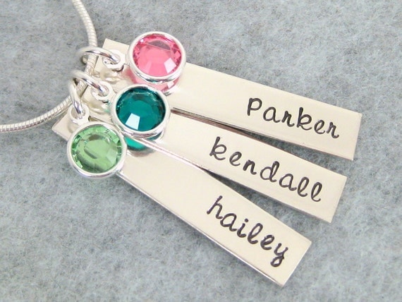 Hand Stamped Mother's Necklace - Three Personalized Tags with Names and Swarovski Birthstones - Grandma Necklace