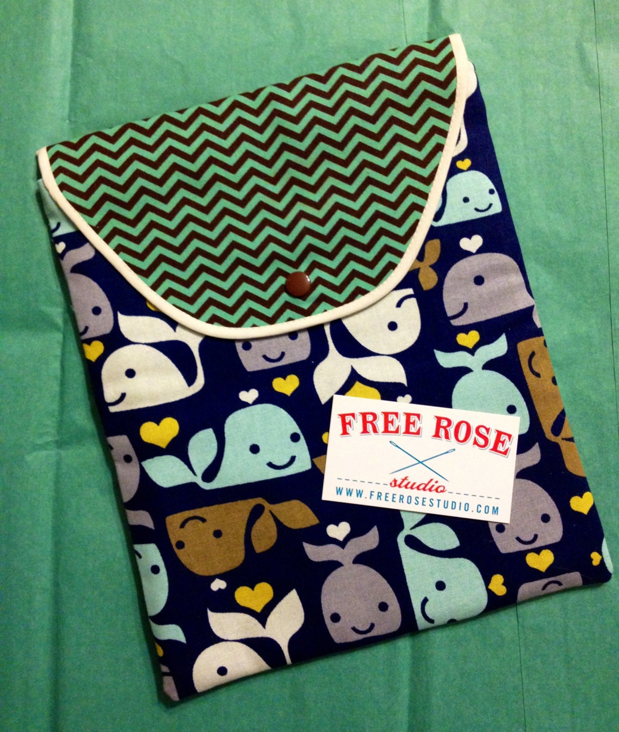 Whales and Chevron iPad case Snap Closure soft lining  brown blue aqua 