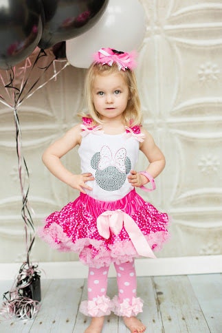 Girls Birthday Minnie Mouse Rhinestone Hot Pink & Light Pink Pettiskirt Set - Includes Matching Hair Accessory