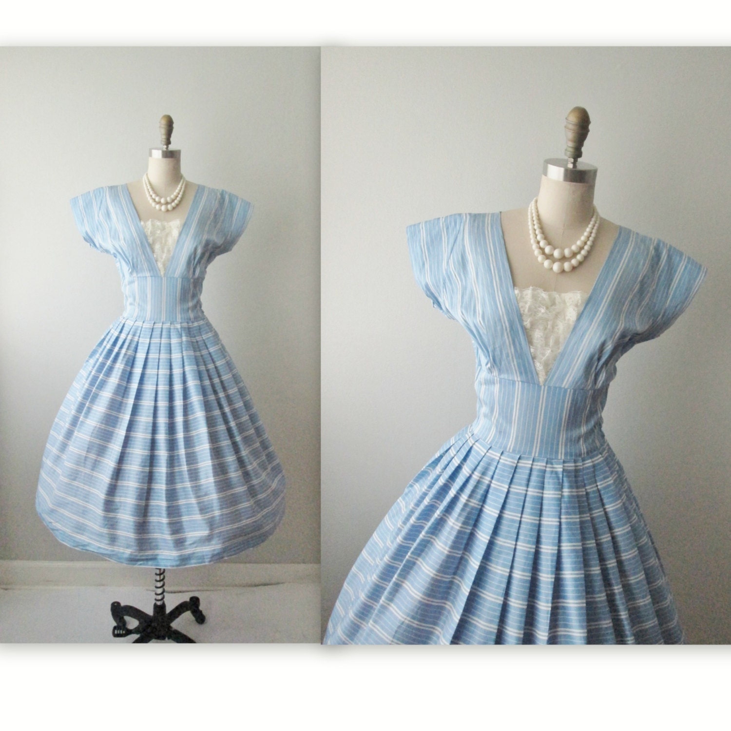 50s Spring Dress // Vintage 1950s Baby Blue Striped Organza Lace Full Garden Party Dress XS