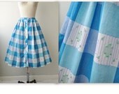 50s Checked Skirt // Vintage 1950's Blue Checked Cotton Rockabilly Picnic Dress Skirt S