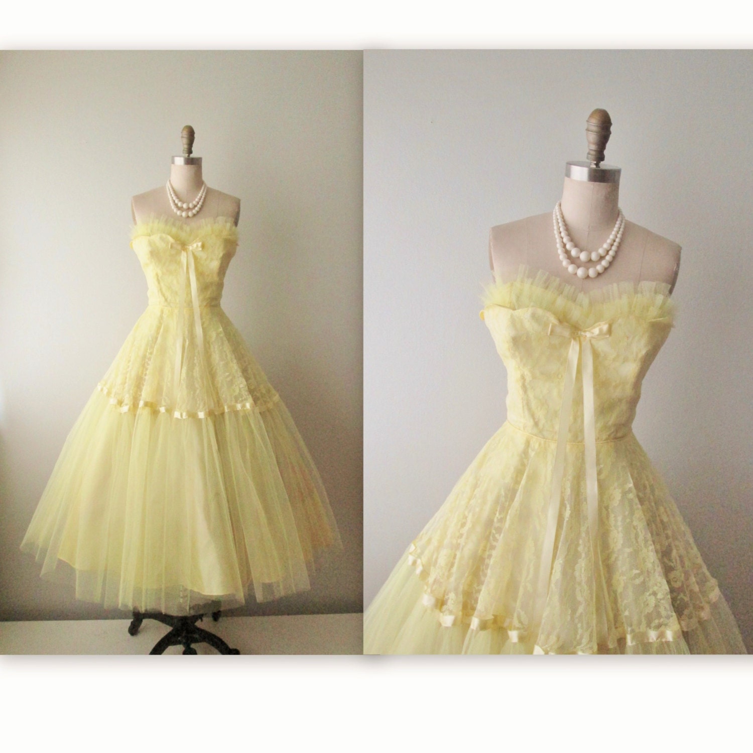 50s Prom Dress // Vintage 1950's Lemon Tulle Lace Strapless Wedding Party Prom Dress S