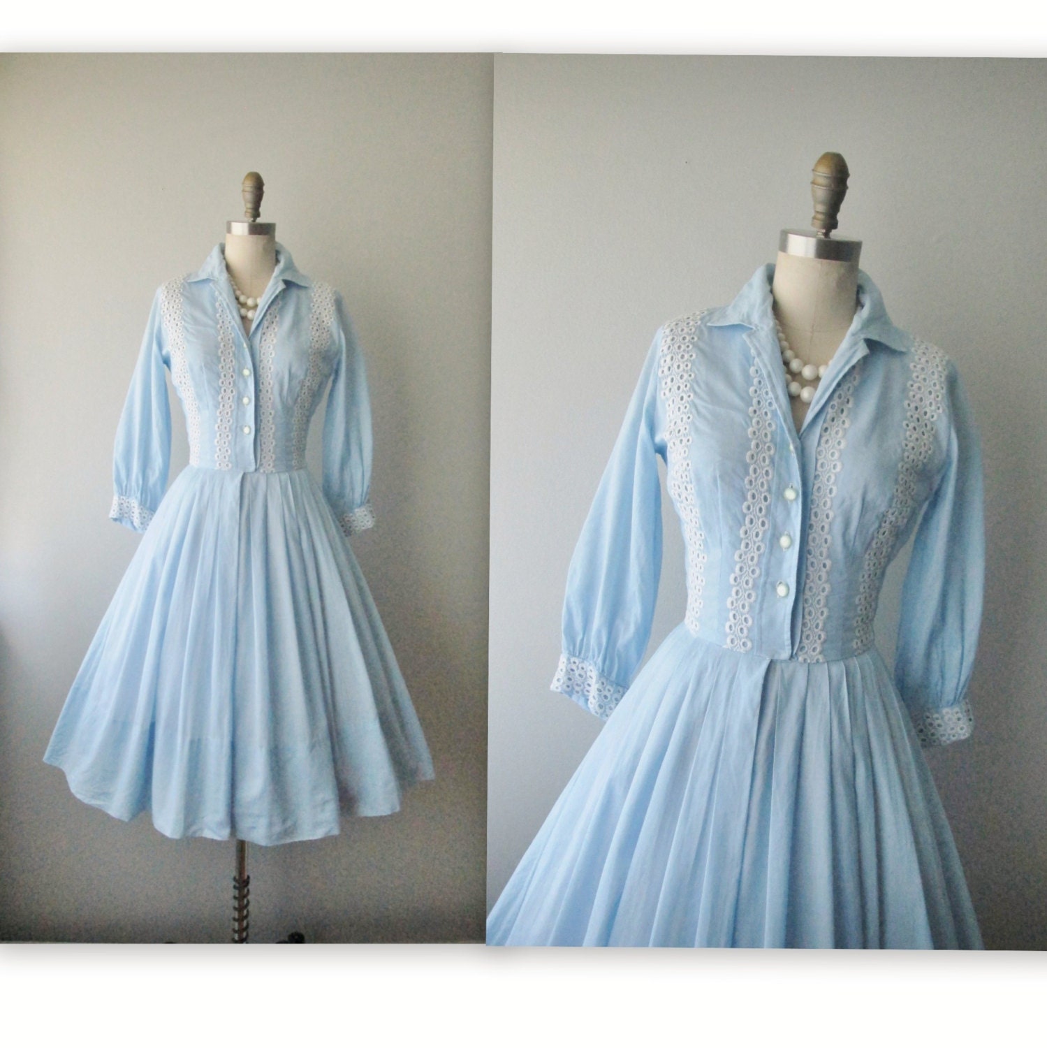 50's Shirtwaist Dress // Vintage 1950's Embroidered Blue White Cotton Full Garden Party Picnic Shirtwaist Dress XS