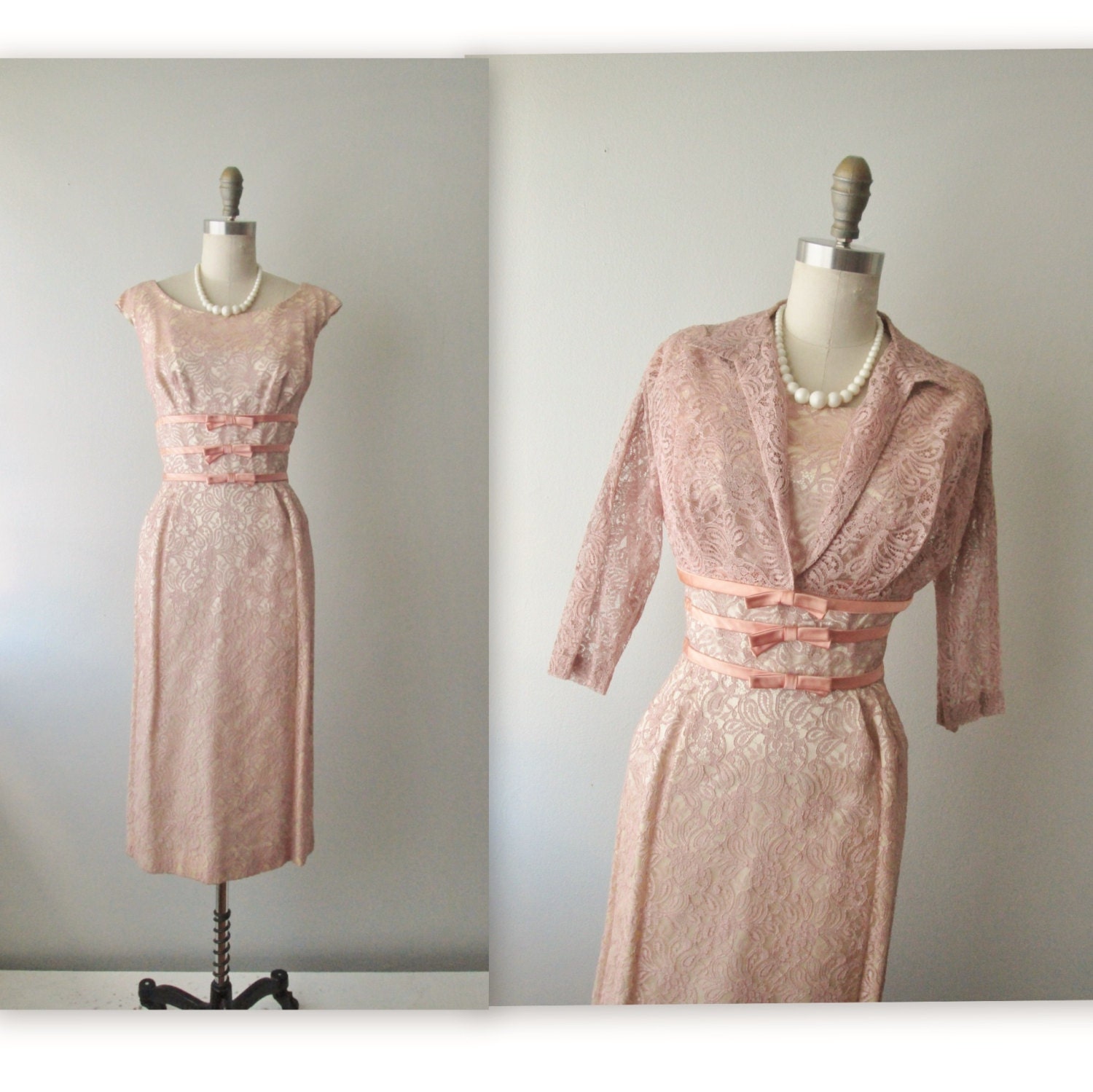 50s Wiggle Dress // Vintage 1950s Lace Cocktail Party Mad Men Wiggle Dress Jacket Ensemble S