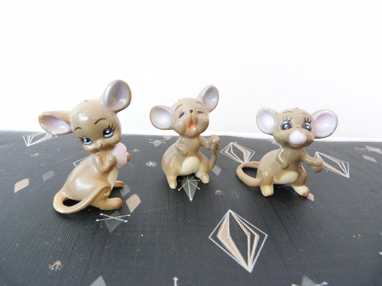 Cute Little Mouse Figurines Singing and Eating Celluloid 1950's Knickknacks, Vintage Figurines Celluloid Kick knacks Knickknacks