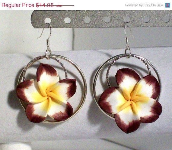ON SALE - Summer Colors - Polymer Clay, Brown, Yellow & White, Polymer Clay, Floral, Silver Hoop, Earrings, Polymer Clay Earrings