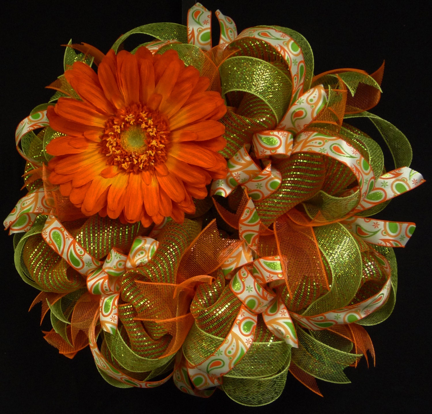 Spring Wreaths, Silk Flower, Orange Green Wreath, Wreaths for Doors, Poly Mesh Wreaths - Item 738