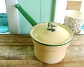 vintage 1950s small cream yellow and green trim enamel vegetable pan with lid