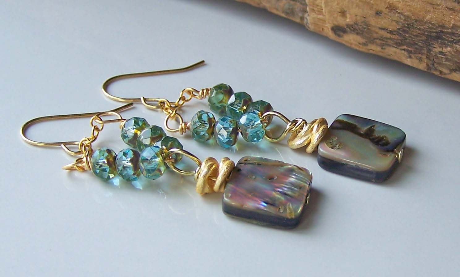 Etsy, Etsy Jewelry, Beaded Earrings, Beaded Jewelry, Czech Glass and Abalone Shell Earrings, Jewelry on Etsy, Dangle Earrings