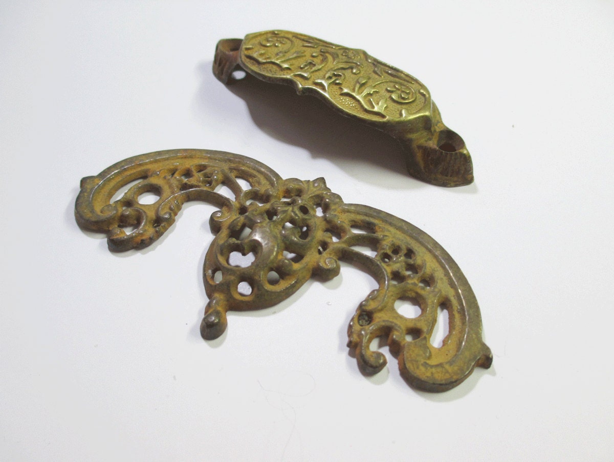 2 Vintage Cast Brass Drawer Pull Plates - Ornate Scroll Design - Renovation Hardware Supplies - Escutcheon