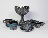 Vintage Miniature Carnival Glass Punch Bowl Set - 10 Pieces - Iridescent Amethyst Blue Whirling Star by Imperial Glass - Ohio