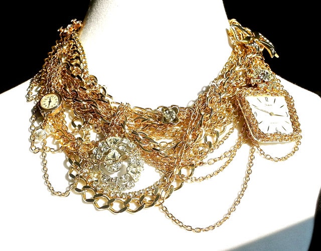 Statement Necklace, Vintage Rhinestones, Antique Watches by Dabchick Vintage Gems on Etsy