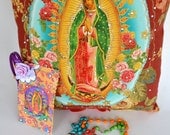 Our Lady of Guadalupe Floral Pillow -  Mother of Mexico - Rosary - Religious Keepsake Pillow