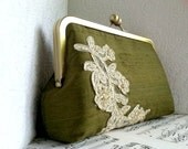 Olive green silk clutch in frame with champagne lace applique, clutch purse