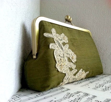 Olive green silk clutch in frame with champagne lace applique, clutch purse