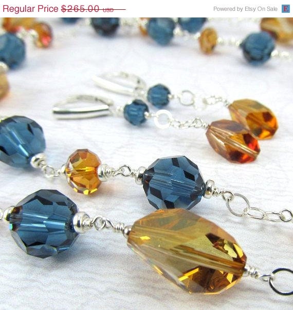 15% OFF Crystal Copper Montana Blue Sapphire Wire Wrapped Sterling Silver Necklace Earring Set