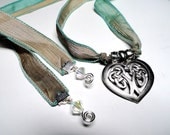 Pewter Celtic Heart Pendant on Seafoam & Sand Silk Ribbon Necklace