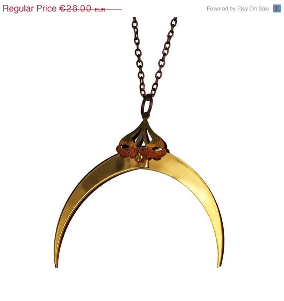 Spring Sale - 10 % OFF - Oriental Crescent Moon - Haute Gothic Jewelry - Fatale Pendant - Gold Plated - Antiqued Filigrees and Brass Screws