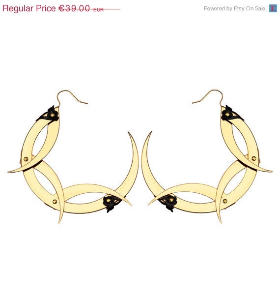 Spring Sale - 10 % OFF - Wicked Large Thistle Thorn Crown Hoop Earrings - 24K Gold Plated - Antiqued Black Filigrees and Industrial Brass S