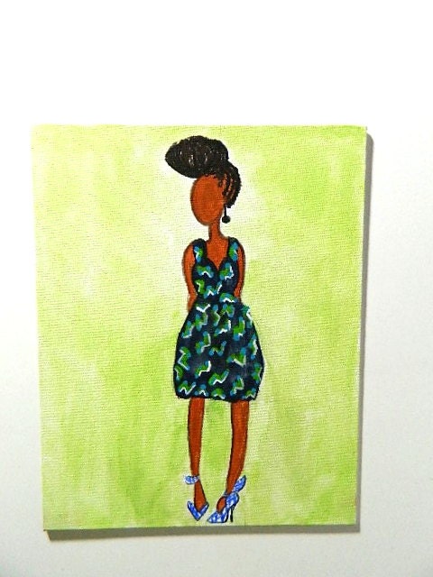 African American Painting,  Watercolor Art of Solange in a Geometric Dress, Original Illustration