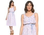70s Sundress White Paisley Print Circle Skirt Sleeveless Button Up Midi Day Dress 1970s Boho Summer Dress / Size M Medium