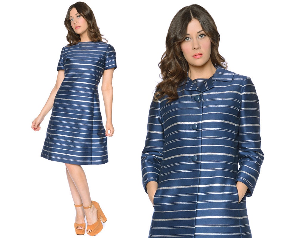 60s Striped Dress Navy Blue Silver Metallic Matching Coat Outfit Evening 1960s Mad Men Two Piece Mod Cocktail Shift Dress / Size M Medium