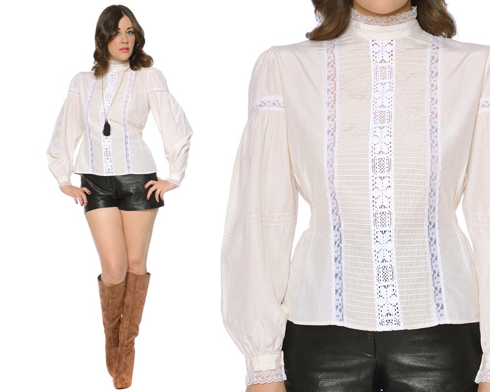 70s Victorian Blouse Cream Lace Silk Top Boho Doily 1970s Hippie High Collar / Size XL Extra Large