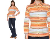 70s Striped Shirt Pointed Collar Southwestern Print Top Button Up 1970s Hippie Long Sleeve Graphic / Size S Small