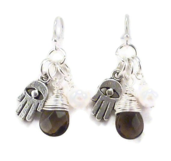 Hamsa Earrings with Wire Wrapped Smoky Quartz and Freshwater Pearl, yoga jewelry, yoga earrings, namaste jewelry