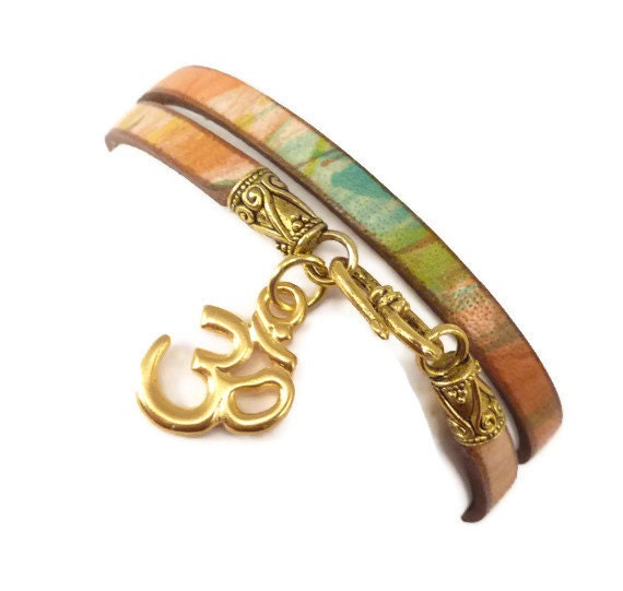 Leather Wrap Bracelet with Gold Om Charm,yoga jewelry, wrap bracelet, yoga bracelet, namaste jewelry