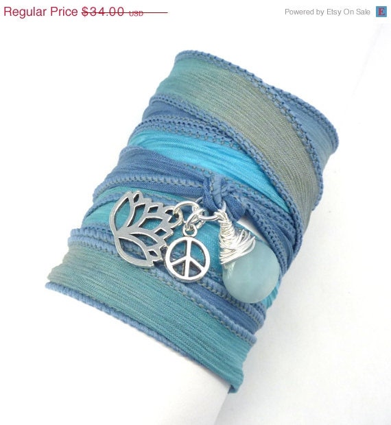 Silk Wrap Bracelet with Lotus Flower, Peace Sign, and Amazonite, yoga jewelry,wrapped, wrapping, wrap around,wrist wrap