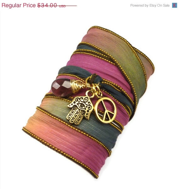 Hand Dyed Silk Wrap Bracelet with Peace Sign, Hamsa, and Smoky Quartz Briolette, yoga jewelry,wrap bracelet, silk ribbon bracelet