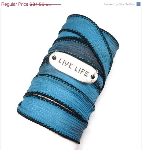 BIRTHDAY SALE Silk Wrap Bracelet with LIVE Life connector,yoga jewelry,silk ribbon bracelet, yoga bracelet, boho chic, bohemian