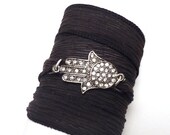 BIRTHDAY SALE Silk Wrap Bracelet with Hamsa Connector,  yoga jewelry, wrapped wrapping bracelet, wrap around,wrist wrap