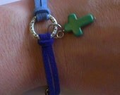 Rainbow Colour Howlite Cross Suede Bracelet Dark and Light Blue with Green Cross