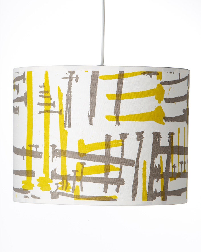 Hand screenprinted cotton "Nails" Drum lampshade suitable for UK standard fitting lamps 9" dia x 7" high